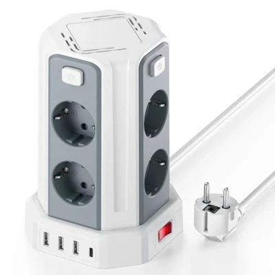 Immagine di 2 Metri Ciabatta Elettrica Multipresa, con 8 Prese e 3 USB A+1 C, protezione Sovratensione interruttori indipendenti,Bianco F (Schuko)