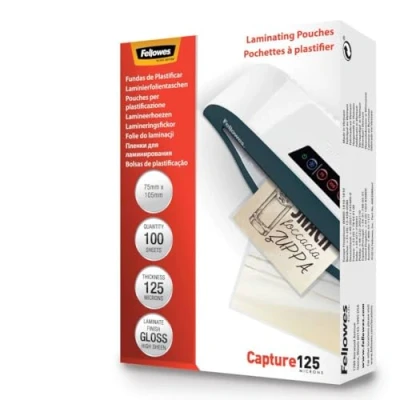 Immagine di Fellowes Pouches per plastificazione documenti,formato 75 x 105mm,finitura lucida,confezione da 100,250 micron,2x125 micron,Finitura di alta qualità,per adatti documenti piccolo formato
