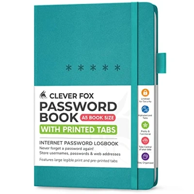 Immagine di Clever Fox Libro delle password, organizer alfabetizzato per indirizzi Internet e computer siti web, diario password di accesso, medio, A5, 14,5 x 21,5 cm, copertina rigida