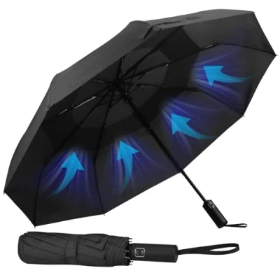 Immagine di Hannstar Ombrello tascabile Apertura e chiusura automatica Piccolo, compatto, leggero, forte, antivento resistente alle tempeste Doppio baldacchino ventilato per uomo donna, Nero , S