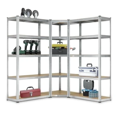 Immagine di Juskys Sistema di 3 scaffali metallici Basic 1 ripiano angolare e 2 ripiani portaoggetti 15 in legno MDF 2625 kg Scaffale per carichi pesanti Mensola cantina (Argento)