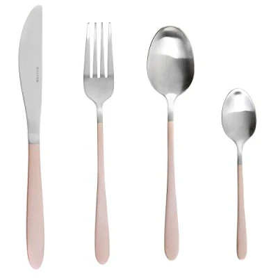 Immagine di Salter BW08024C Champagne metallizzato 16 pezzi set posate acciaio inox, pentole e Baby Pink 4 persone posate, include coltelli, forchette, cucchiai da tavola, cucchiaini tè