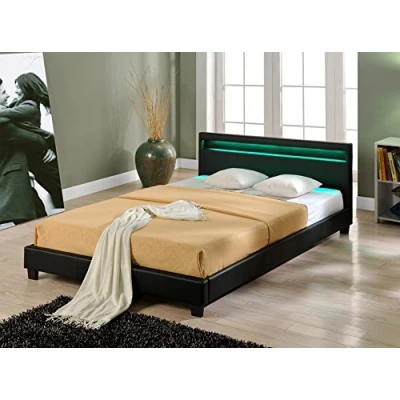 Immagine di Corium Struttura Letto Imbottito a Testiera Alta con Illuminazione LED e Telecomando Francese 140x200 cm Rivestimento in Similpelle Nero