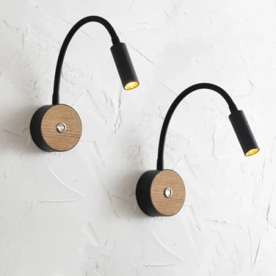Immagine di ouglres Lampada da Lettura a Parete, 2 Pezzi, Parete Led Con Interruttore, Industriale In Legno e Nero, Orientabile 360, Letto, Camera Corridoio