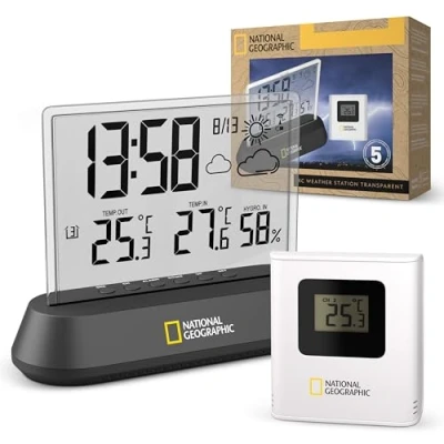 Immagine di National Geographic Stazione meteorologica Radio con sensore da Esterno dal Design Trasparente Schermo per visualizzazione dei valori di Temperatura e umidità delle Tendenze Meteo