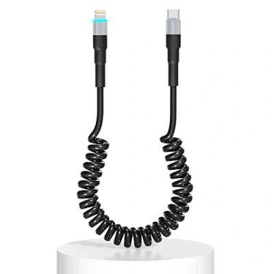 Immagine di cavo USB C Lightning Spirale, Compatibile con Apple Carplay e certificato MFi, per auto trasmissione dati LED, Caricabatterie USBC Retrattile iPhone/Pad/Pod