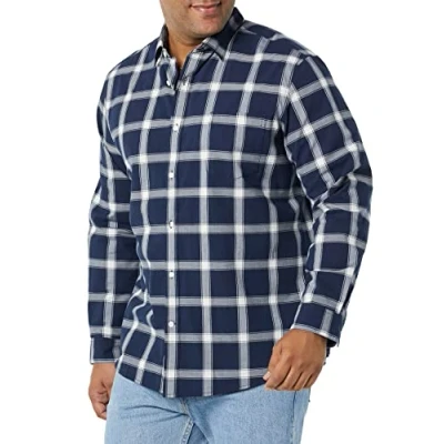 Immagine di Amazon Essentials Camicia in Popeline Elasticizzato A Manica Lunga dalla vestibilità Regolare Uomo, Blu Marino Bianco Buffalo Plaid, XS