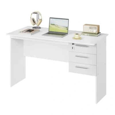 Immagine di WOLTU Scrivania con 3 Cassetti, 120x60x75cm, Bianco, Tavolo da Lavoro, per Computer, Porta PC in Legno, TS59ws