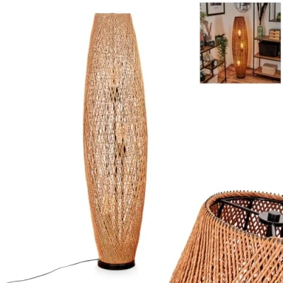 Immagine di lampada a stelo in legno di Mulstrand, moderna da terra metallo/rattan, colore nero/naturale, con paralume effetto reticolato, interruttore on/off sul cavo e luce, 3 lampadine E27
