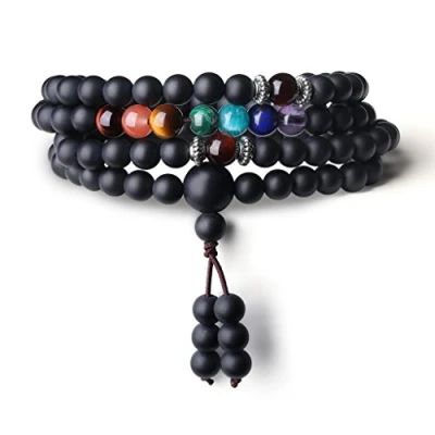 Immagine di COAI Bracciale Collana 108 Perle Mala in Onice Opaca e Pietre Chakra, Buddhista Unisex