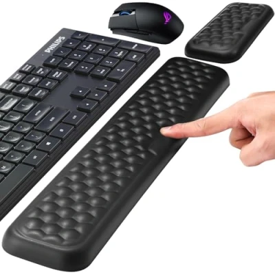 Immagine di Zaxiva Poggiapolsi per Tastiera e Mouse, Set Ergonomico in Memory Foam, Design Pelle PU Impermeabile Antiscivolo Ufficio, Gioco, Casa, PC, Laptop, Nero