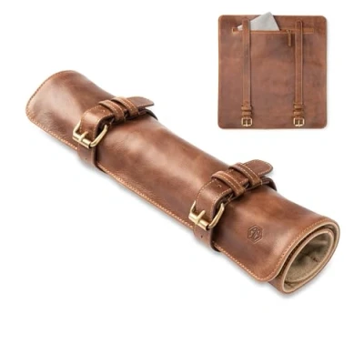 Immagine di Angus Stoke Borsa per coltelli in pelle cuochi,rotolo di da cucina grande,tasca coltello con scomparto extra e chiusura lampo, mogano, Tasca