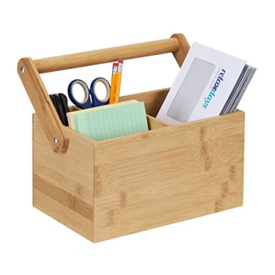 Immagine di Relaxdays Desk Organizer con Manico in bambù, 4 Scomparti, Contenitore Portaoggetti Multiuso, HLP 24x26x15 cm, Naturale, Legno