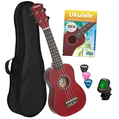 Immagine di Soprano Ukulele Linden Red Set (incl. incl. 4 languages Method (DE/EN/FR/ES), Bag unpadded, 3 Picks, Tuner) **