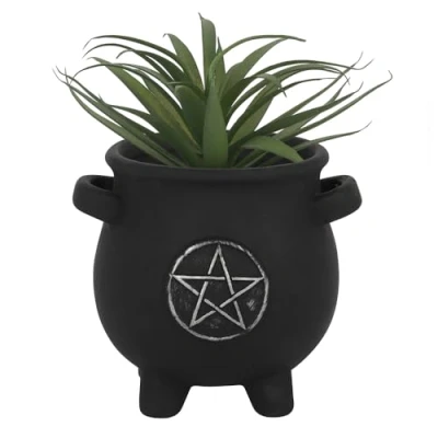 Immagine di Incantevole vaso per piante a pentagramma in terracotta nera, 12 cm x 13 (1 pezzo), design unico, grande accento gli amanti della magia e natura, perfetta decorazione da giardino