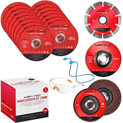 Immagine di KSP Tec® 15 dischi da taglio 125 x 1,0 mm [con occhiali di protezione e delle orecchie] 2 a ventaglio, 1 disco flessibile in pietra, per acciaio, acciaio inossidabile pietra