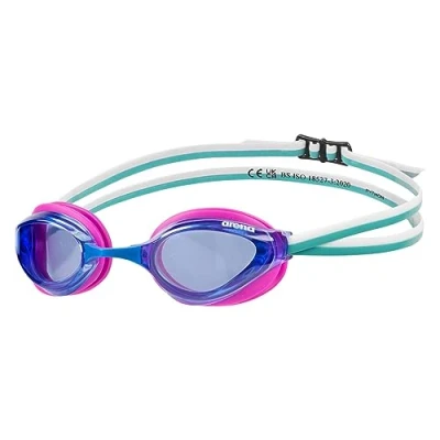 Immagine di Arena Occhialini da nuoto unisex Python Racing, per uomini e donne, lenti anti appannamento, non specchiate, con doppia cinghia, blu/fucsia/acqua