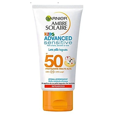 Immagine di Garnier Ambre Solaire Crema Solare Bambini Advanced Sensitive, Latte Protettivo, Protezione Alta IP50, senza Parabeni e Coloranti, 150 ml