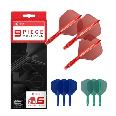 Immagine di Target Darts K Flex Integrated Dart Flights And Shafts, Stelo Corto (19mm), No.6 Flight, 9 Pack Bundle, Rosso, Blu e Verde Kflex 2 in 1 Flight STEM, Professional Accessories