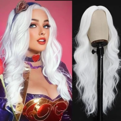 Immagine di PORSMEER Parrucche lunghe ricce Per donna,Parrucche Sintetiche Resistenti al Calore Bianco Grigio Cosplay Fashion Halloween Carnevale Parrucca