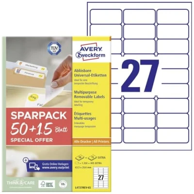 Immagine di Avery Zweckform L4737REV 65 Etichetta universale 63.5 x 29.6 mm Carta Bianco Foglio Staccabile Stampante a getto dinchiostro, laser,