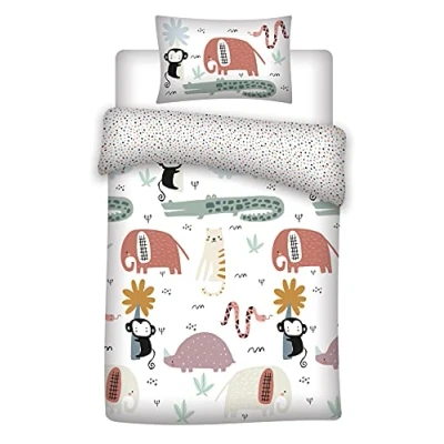 Immagine di Aymax Set di biancheria da letto per bambini, motivo animali, reversibile, 2 pezzi, 100 x 135 cm, federa 40 60 in cotone, con elefanti, coccodrillo, scimmie, colore: bianco