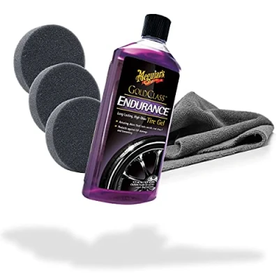 Immagine di detailmate Set per la cura degli pneumatici Meguiars Endurance Tire Gel High Gloss 473 ml di 3 tamponi applicatori spugna Ø 90/22 mm + panno in microfibra Edgeless GreyLow 380GSM