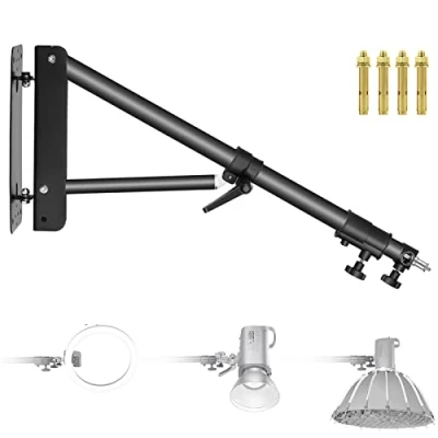 Immagine di NEEWER Bracci a triangolo per montaggio parete Strobo, Monoluci, Softbox, Ombrelli, Riflettori e Luci Anulariper fotografia, Supporto rotazione di 180 gradi, Lunghezza massima 125cm(Argento)