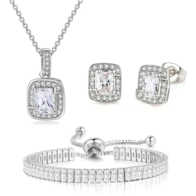 Immagine di FDEETY Gioielleria Parures per Donne con Zirconi Cubici Collana Orecchini Bracciali Set la Sposa Zirconia Damigella D&#039;onore (Argento)