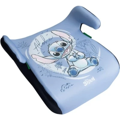 Immagine di Disney Stitch Seggiolino alzatina auto i Size ECE R129/03. Alzabimbo per la sicurezza dei bambini con altezza da 126 a 150 cm. Rialzo grafiche di Stitch, seduta bimbi su fondo azzurro.