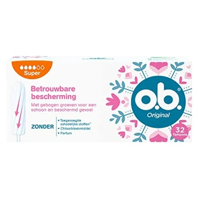 Immagine di o.b.® Super tamponi originali per i giorni mestruali più pesanti, con tecnologia StayDry e scanalature curve, una protezione affidabile sensazione di pulizia, 32 pezzi