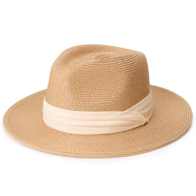 Immagine di DRESHOW Donna Cappello Panama da Spiaggia in Paglia Fedora Arrotolato a Tesa Larga Cappelli UPF 50+
