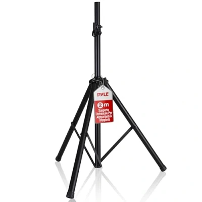 Immagine di Pyle Supporto Universale per Altoparlanti, Stativi Casse Acustiche a Treppiede e Pieghevole, Altezza Regolabile, Stand Audio, Pin di Sicurezza Serratura Manopola Stabilità, Nero