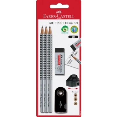 Immagine di FABER CASTELL 217079 Set di matite Grip 2001 Exam con 3 matite, 1 gomma e temperino, argento/nero
