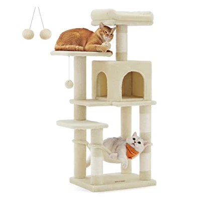 Immagine di Feandrea Albero per Gatti Alto 112 cm, Tiragraffi Gatti, con 4 Pali Graffiatoi, 2 Posatoi, 1 Grotta, Amaca, Pompon, in Peluche a Più Livelli, Beige PCT261M01