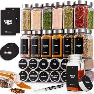 Immagine di Deco haus® Set da 36 Contenitori per Spezie con Tappo a Vite Kit Condimenti Etichette, Imbuto, Spazzola, Pennarello Barattoli Portaspezie Piccoli in Vetro Trasparente 120ml, 10,5x4,3 cm