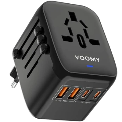Immagine di VOOMY Adattatore da viaggio Universale a Ricarica Rapida, Spina con 2 USB 18W &amp; C (Type C) 20W Tutto in Uno Viaggi per EU/UK/USA/AUS (Nero)