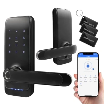 Immagine di EURA ELH 01H4 Serratura intelligente per porta con maniglia a codice Lettore di prossimità 13,56 MHz biometrico IP65 Spaziatura catenaccio universale Nero