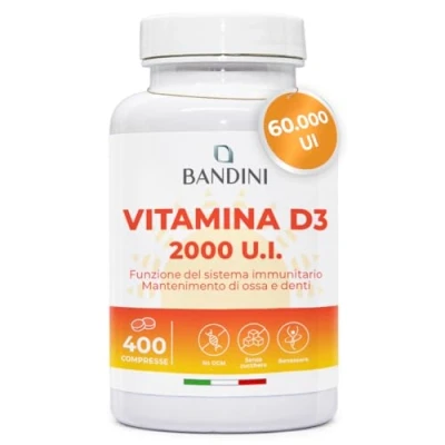 Immagine di Bandini® Vitamina D 60.000 UI/mese 400 compresse (+1 Anno) Difese immunitarie, salute di ossa, denti e muscoli, Metabolismo del calcio, 50 mcg Colecalciferolo, Vitamine D3 Pura ad Alto Dosaggio