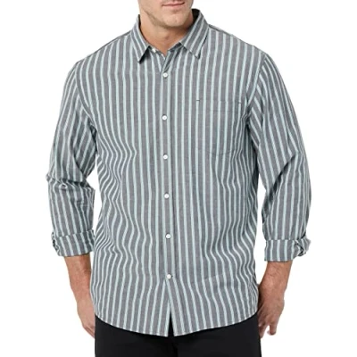 Immagine di Amazon Essentials Camicia in Popeline Elasticizzato A Manica Lunga dalla vestibilità Regolare Uomo, Blu Marino Righe, XS