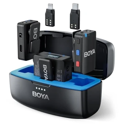 Immagine di BOYA microfono lavalier wireless per fotocamera iPhone Android Tablet, registrazione integrata, portata 299,9 m, durata della batteria 10 ore con custodia di ricarica, a clip