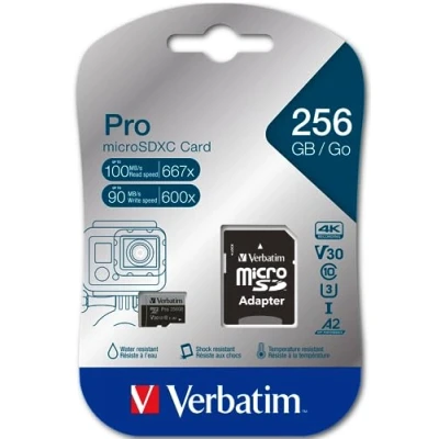 Immagine di Verbatim Pro Scheda microSDXC 256 GB UHS Class 3 supporto video 4K, Standard prestazioni A2, incl. Adattatore SD, antiurto, impermeabile