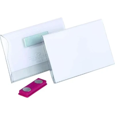 Immagine di Durable 811719 Porta nome con magnete, aggancio stabile e sicuro, lato inferiore aperto, 54x90 mm, trasparente, confezione da 25 pezzi