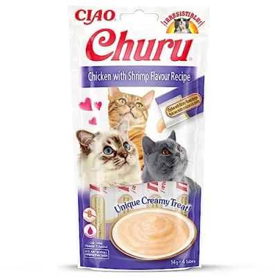 Immagine di INABA Churu Snack per Gatti Cremoso con Pollo e Gamberetti 1 Pack (4 Stick x 14gr) Cibo da Leccare, Sano Delizioso Gatto Senza Conservanti o Coloranti Artificiali, Grain Free