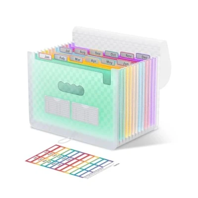 Immagine di ThinkTex Organizzatore di File a Fisarmonica, Cartelle 12 Tasche Espandibili, Organizer Portatile per Ricevute Mensili, Schede colorate, formato A4 Verde