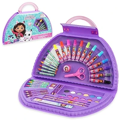 Immagine di Gabby&#039;s Dollhouse Valigetta Colori per Bambini Kit più di 40 Disegnare e Dipingere, Set Pennarelli Matite Pastelli Acquerelli, Regalo Creativo (Viola Halfmoon Set)