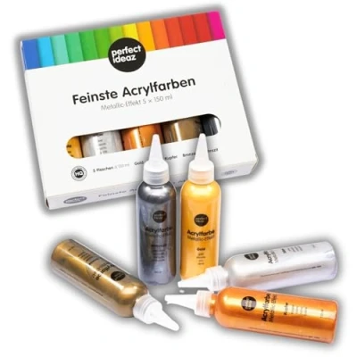 Immagine di perfect ideaz 5 x 150 ml colore acrilico metallico (750 ml), diversi colori da pittura creativi, elevata percentuale di pigmenti, altamente coprente &amp; ad asciugatura rapida, ideale per dipingere