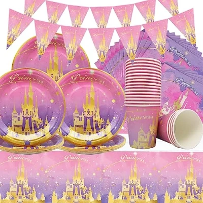 Immagine di Doyomtoy 62 Pezzi Bambini Set di stoviglie per Compleanno, Principesse Festa Complean Feste Piatti Compleanno,Tazze,Tovaglioli,Tovaglie,Bandiera a Triangolo Princess