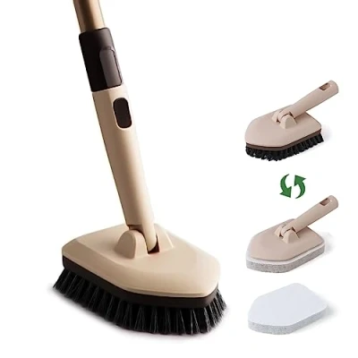 Immagine di Eyliden Scrubber per vasca con manico lungo e spazzola piastrelle, 2 spugnette abrasive, 1 testina antigraffio, la pulizia di bagno, cucina, WC, parete, lavandino, marrone, (fsz037)