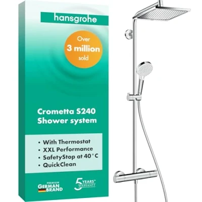 Immagine di hansgrohe Crometta e Colonna doccia con miscelatore termostatico, Sistema (240 x 240 mm) rubinetto, doccetta (2 getti), tubo, asta soffione quadrato, cromo, 27271000